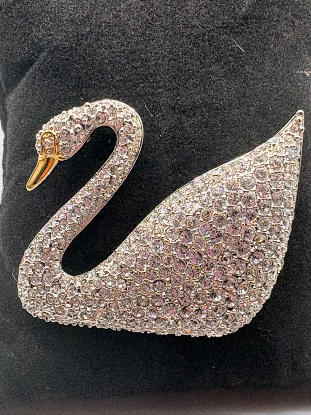 Swarovski-Iconic Crystal Swan Brooch - Gold Accents - Signed Statement Piece